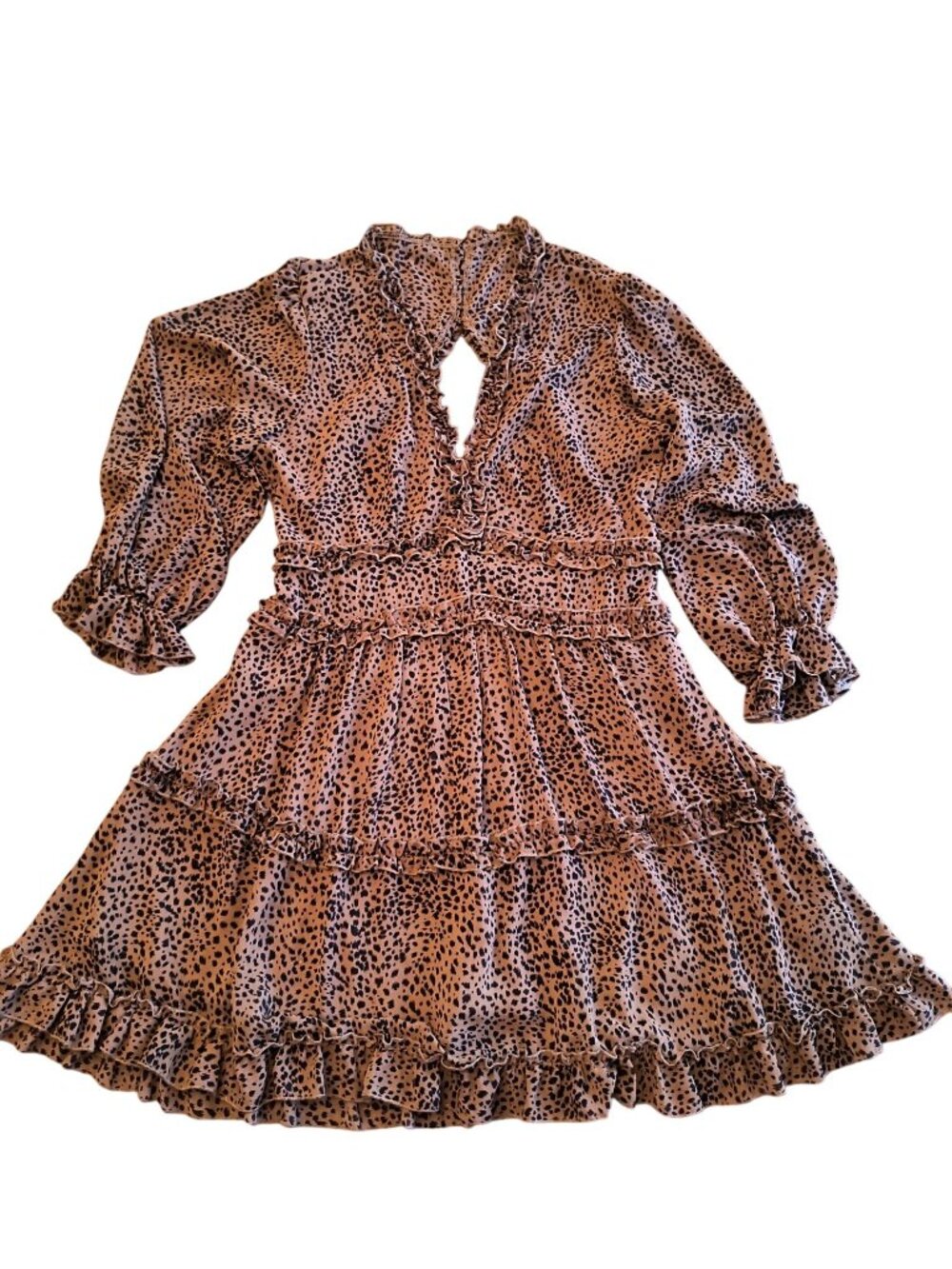Leopard Print Open Back Ruffle Dress With Long Sleeves & Tiered Skirt - Large